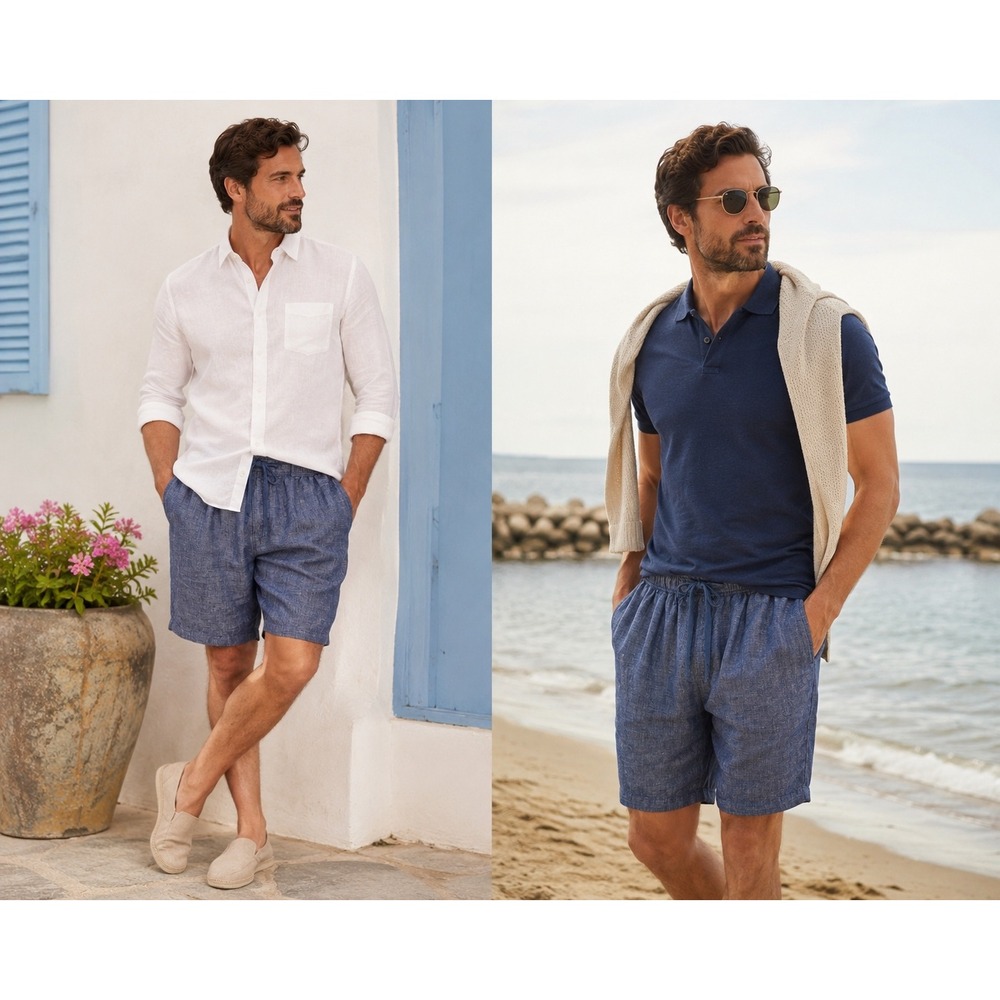 Tasso Elba Men's 100% Linen Chambray Blue Elastic Drawstring Waist Shorts Medium